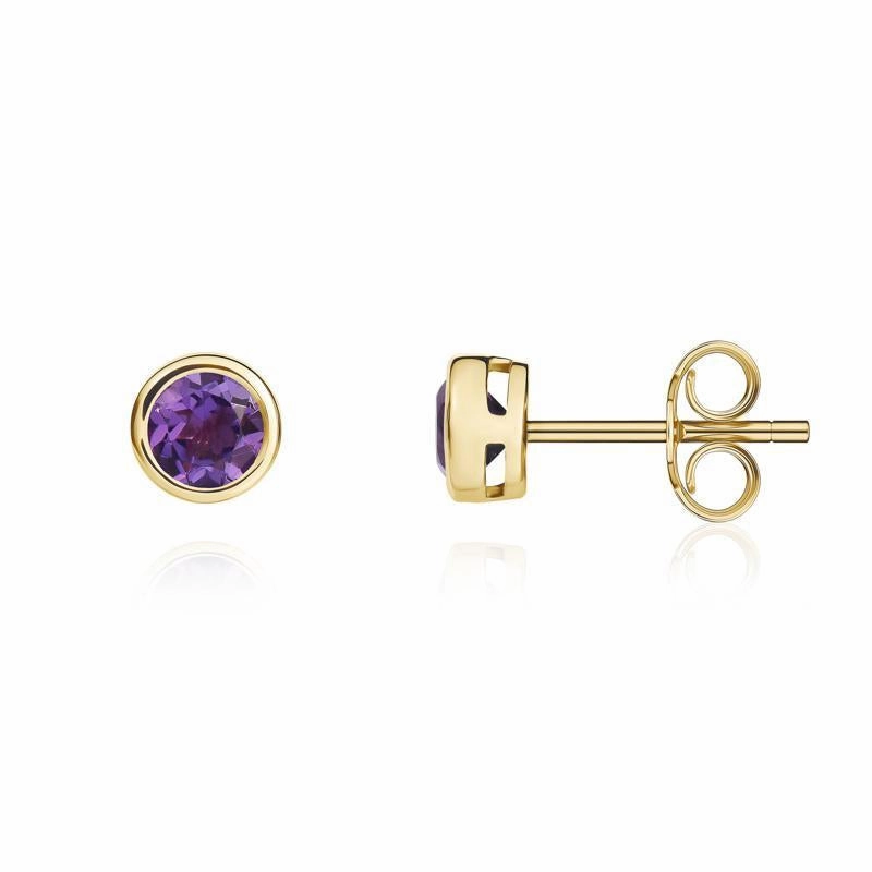 9ct Yellow Gold Amethyst 4mm Round Rub Over Set Stud Earrings