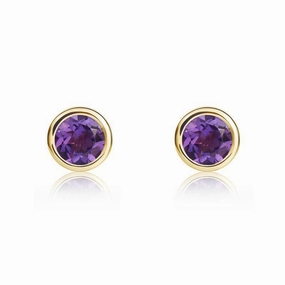 9ct Yellow Gold Amethyst 4mm Round Rub Over Set Stud Earrings