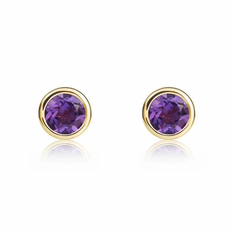 9ct Yellow Gold Amethyst 4mm Round Rub Over Set Stud Earrings