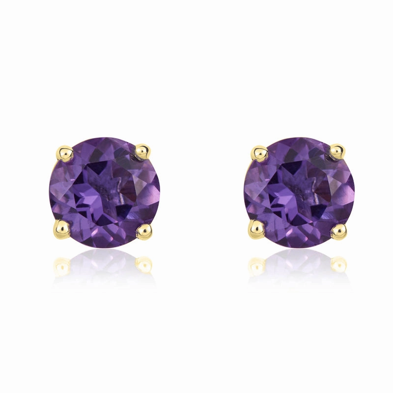 9ct Yellow Gold Amethyst 5mm Round Claw Set Stud Earrings