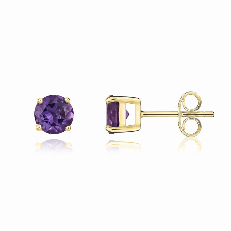 9ct Yellow Gold Amethyst 5mm Round Claw Set Stud Earrings