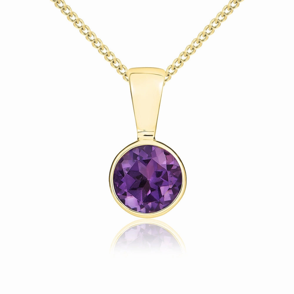 9ct Yellow Gold Amethyst 5mm Round Rub Over Set Necklace