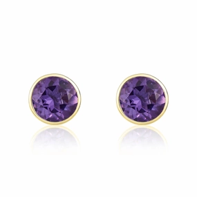 9ct Yellow Gold Amethyst 5mm Round Rub Over Set Stud Earrings