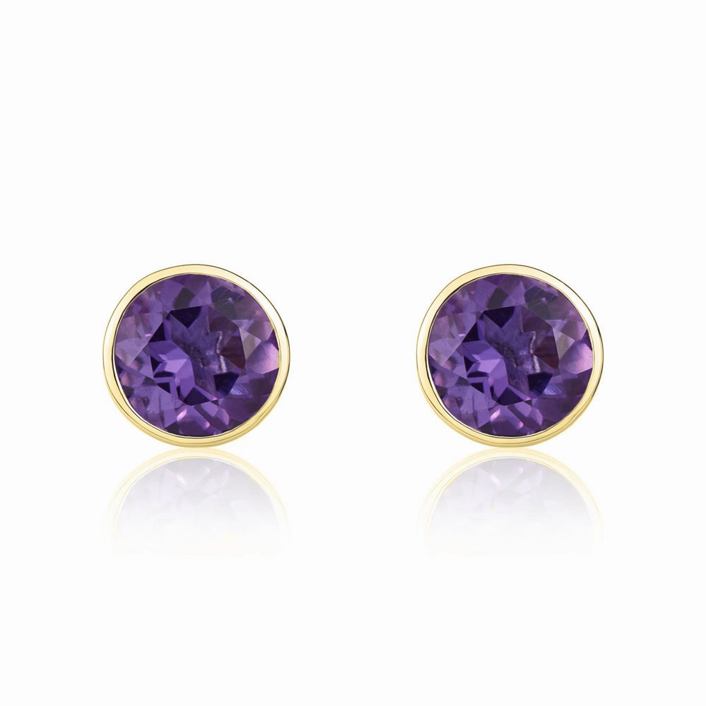 9ct Yellow Gold Amethyst 5mm Round Rub Over Set Stud Earrings