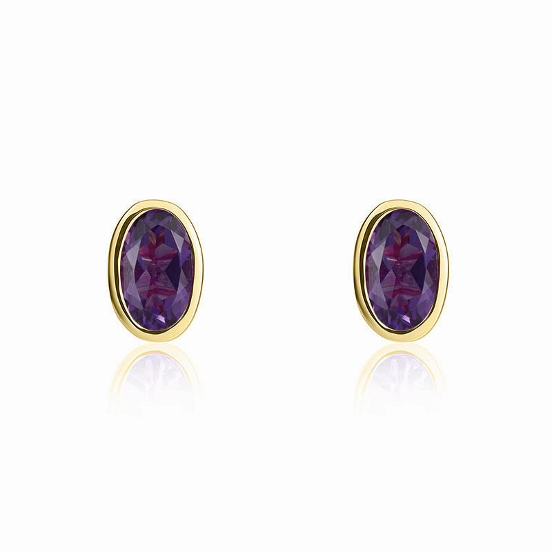 9ct Yellow Gold Amethyst 5x3mm Oval Rub Over Set Stud Earrings