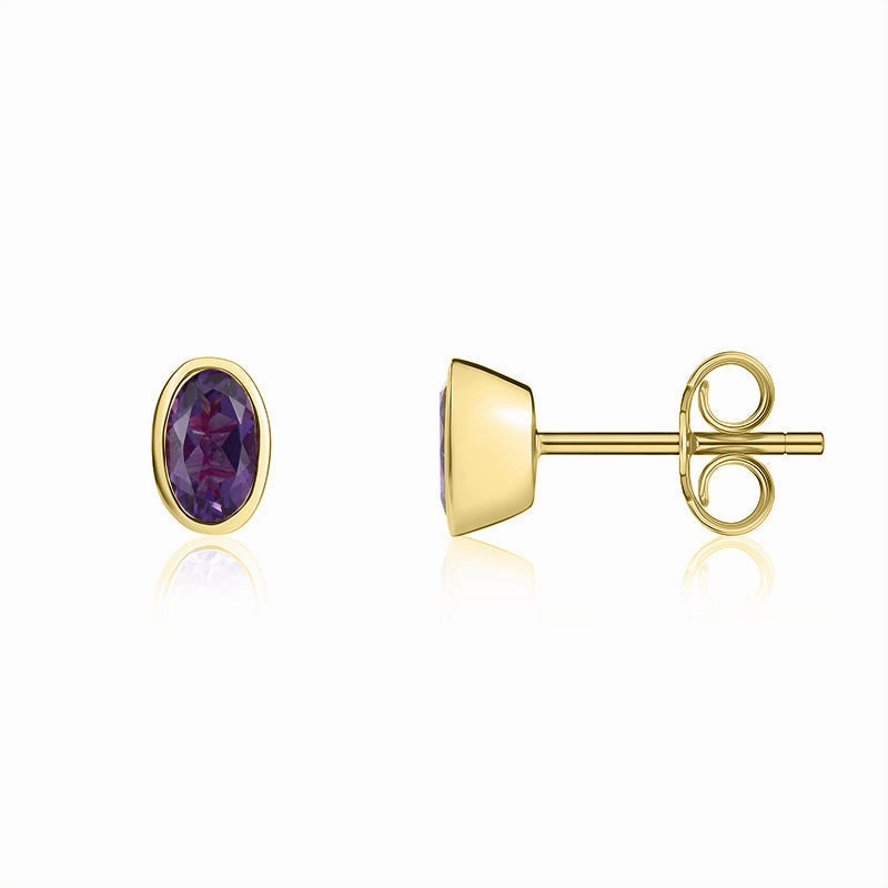 9ct Yellow Gold Amethyst 5x3mm Oval Rub Over Set Stud Earrings