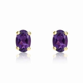 9ct Yellow Gold Amethyst 6x4mm Oval Claw Set Stud Earrings