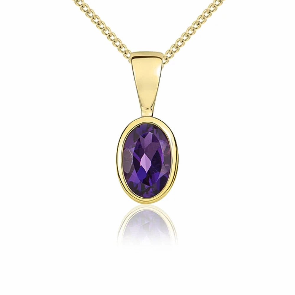 9ct Yellow Gold Amethyst 6x4mm Oval Rub Over Set Pendant