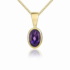 9ct Yellow Gold Amethyst 6x4mm Oval Rub Over Set Pendant