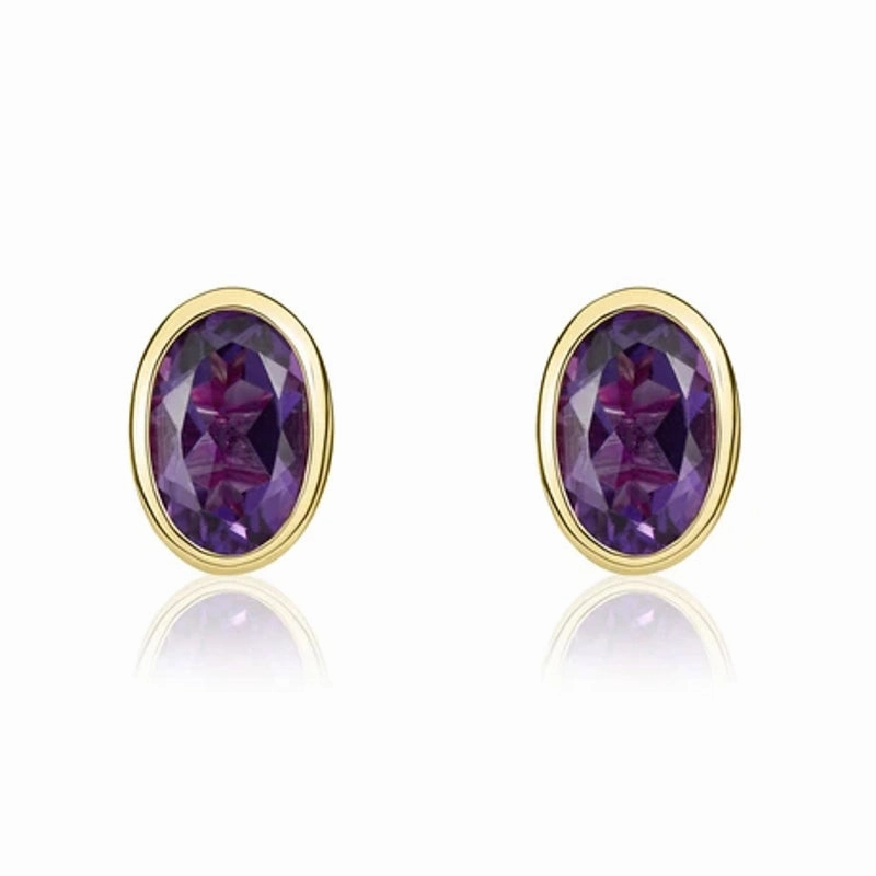 9ct Yellow Gold Amethyst 6x4mm Oval Rub Over Set Stud Earrings