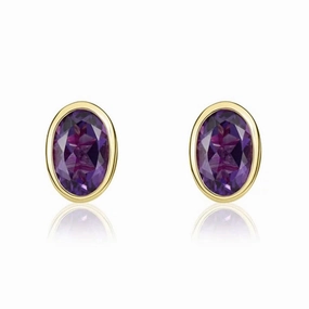 9ct Yellow Gold Amethyst 6x4mm Oval Rub Over Set Stud Earrings