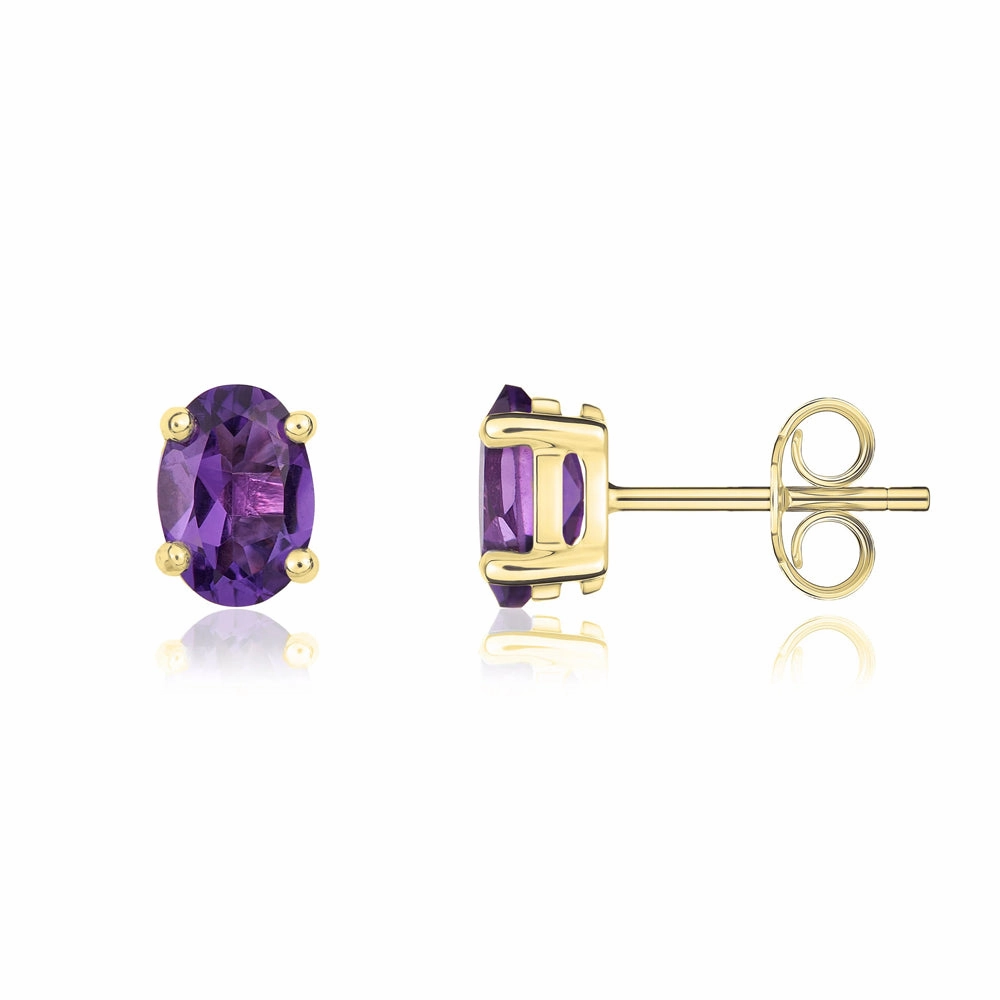 9ct Yellow Gold Amethyst 7x5mm Oval Claw Set Stud Earrings