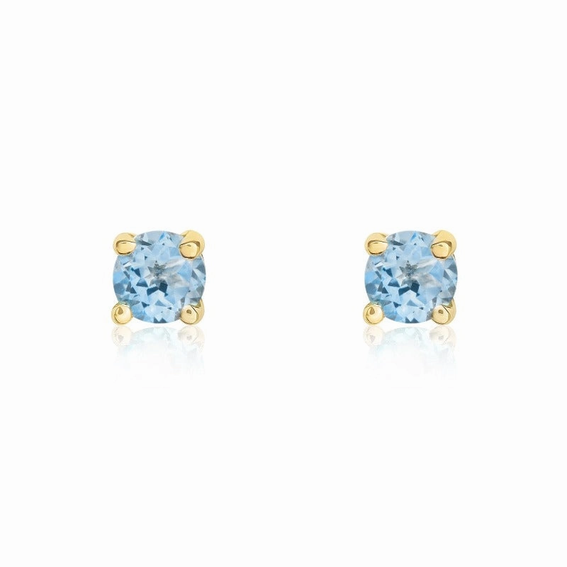 9ct Yellow Gold Aquamarine 3mm Round Claw Set Stud Earrings