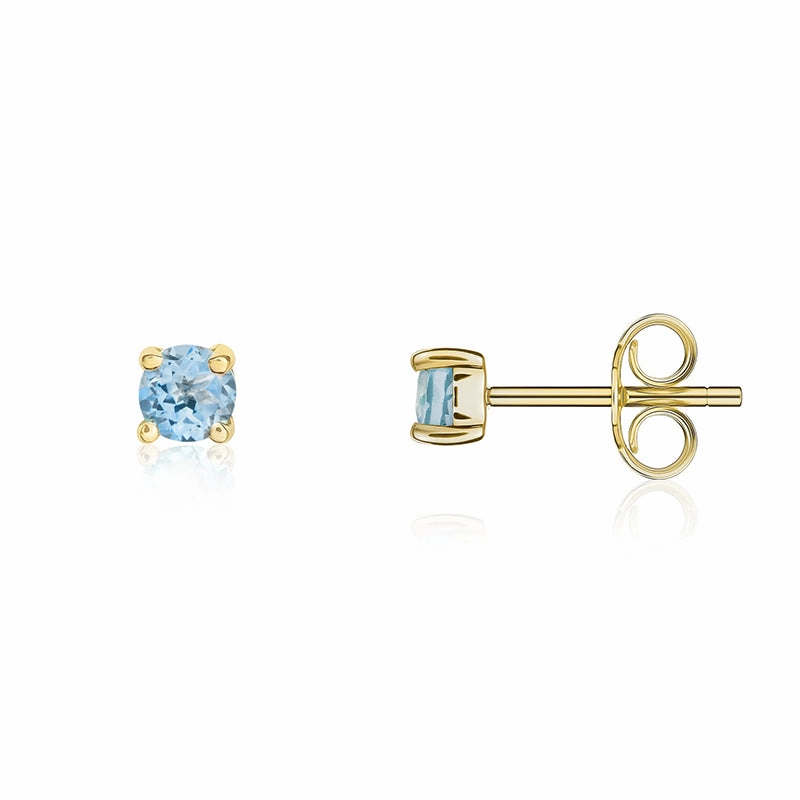 9ct Yellow Gold Aquamarine 3mm Round Claw Set Stud Earrings