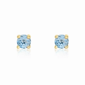 9ct Yellow Gold Aquamarine 3mm Round Claw Set Stud Earrings