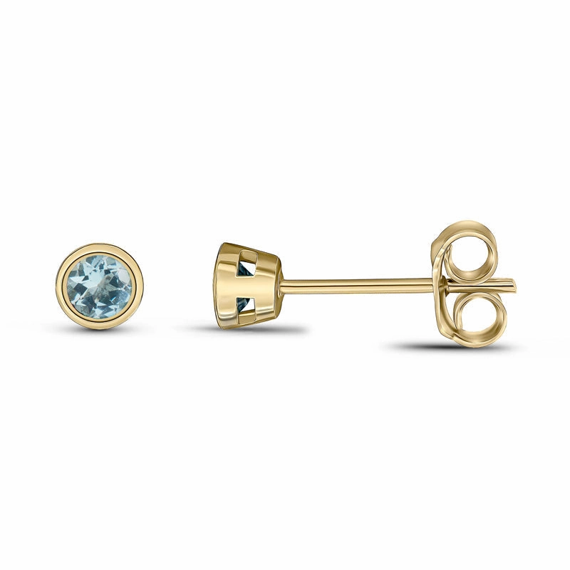 9ct Yellow Gold Aquamarine 3mm Round Rub Over Set Stud Earrings