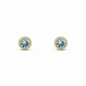 9ct Yellow Gold Aquamarine 3mm Round Rub Over Set Stud Earrings