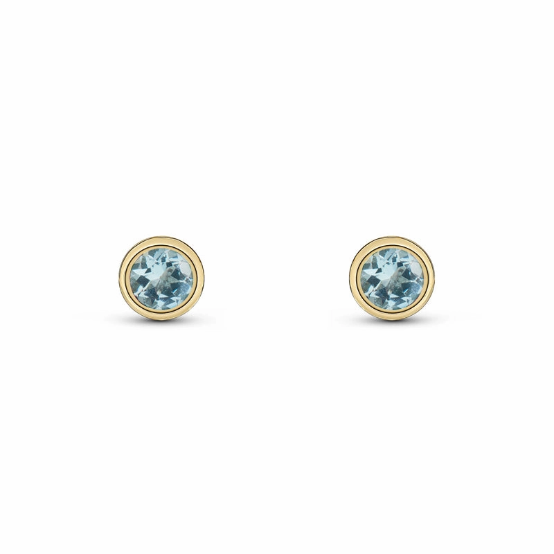9ct Yellow Gold Aquamarine 3mm Round Rub Over Set Stud Earrings