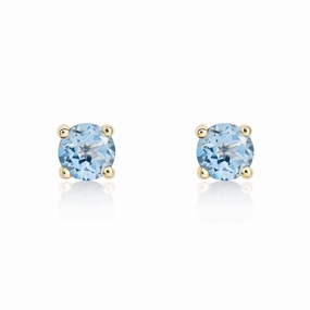 9ct Yellow Gold Aquamarine 4mm Round Claw Set Stud Earrings