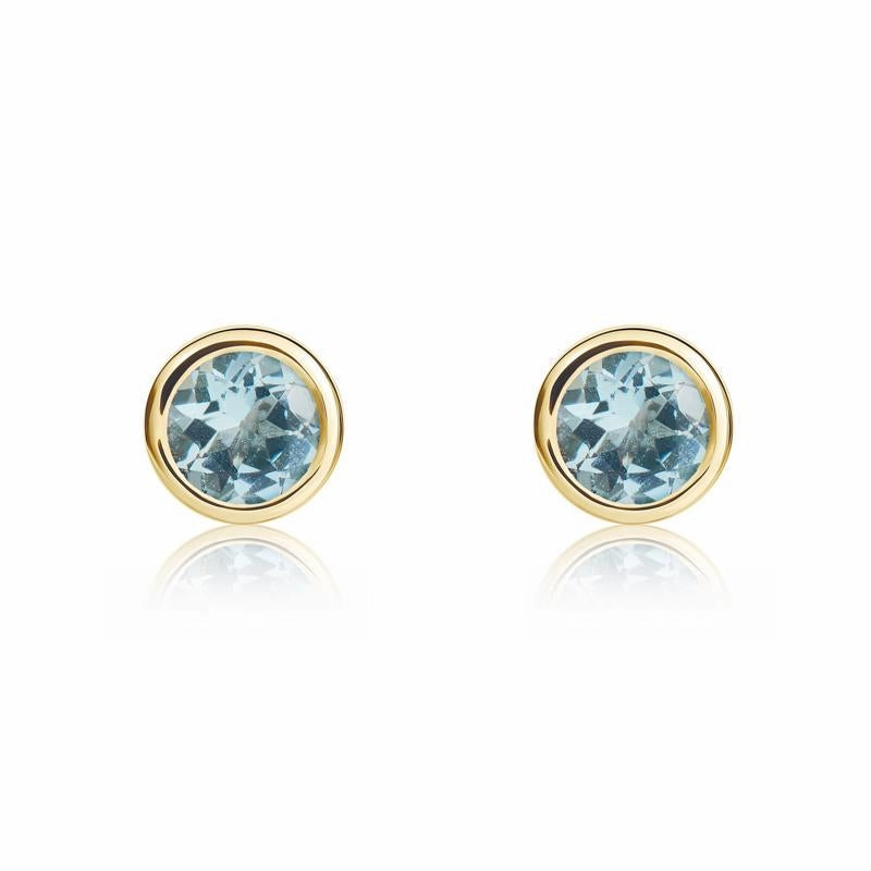 9ct Yellow Gold Aquamarine 4mm Round Rub Over Set Stud Earrings