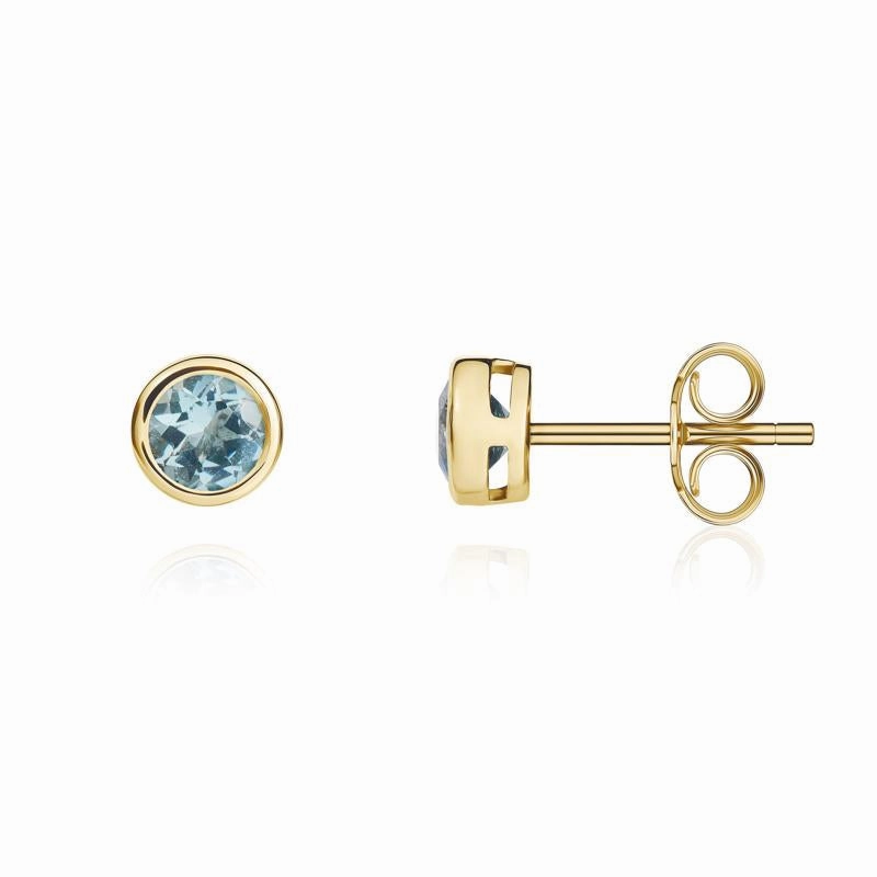 9ct Yellow Gold Aquamarine 4mm Round Rub Over Set Stud Earrings