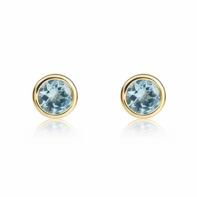 9ct Yellow Gold Aquamarine 4mm Round Rub Over Set Stud Earrings