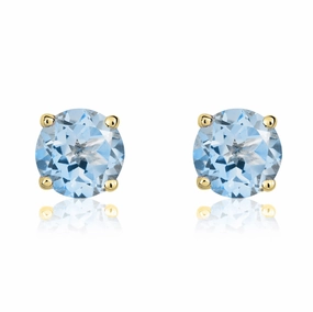 9ct Yellow Gold Aquamarine 5mm Round Claw Set Stud Earrings