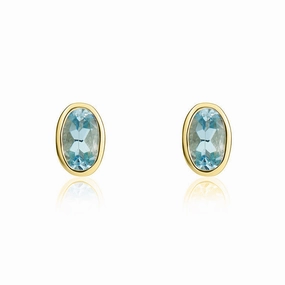 9ct Yellow Gold Aquamarine 5x3mm Oval Rub Over Set Stud Earrings