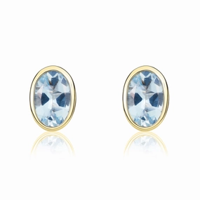 9ct Yellow Gold Aquamarine 6x4mm Oval Rub Over Set Stud Earrings