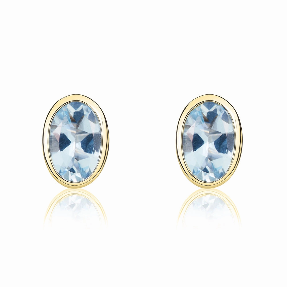 9ct Yellow Gold Aquamarine 6x4mm Oval Rub Over Set Stud Earrings