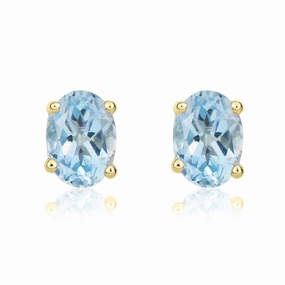 9ct Yellow Gold Aquamarine 7x5mm Oval Claw Set Stud Earrings