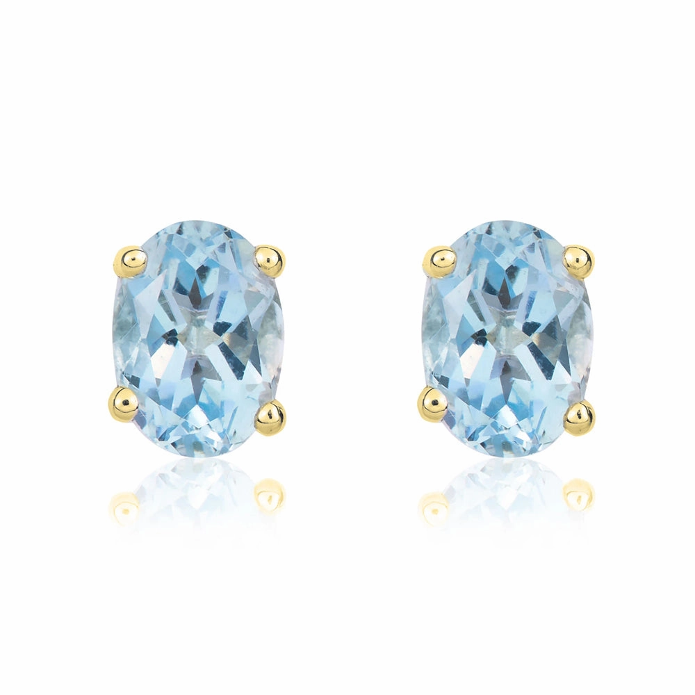 9ct Yellow Gold Aquamarine 7x5mm Oval Claw Set Stud Earrings