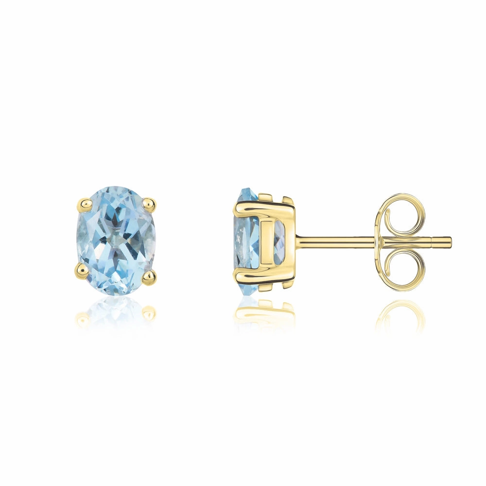 9ct Yellow Gold Aquamarine 7x5mm Oval Claw Set Stud Earrings