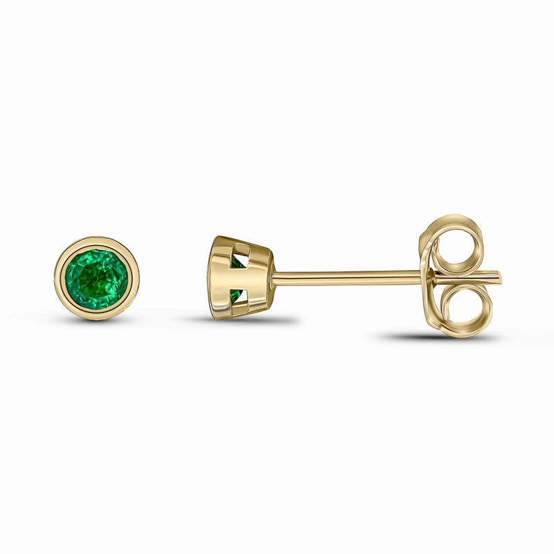 9ct Yellow Gold Emerald 3mm Round Rub Over Set Stud Earrings
