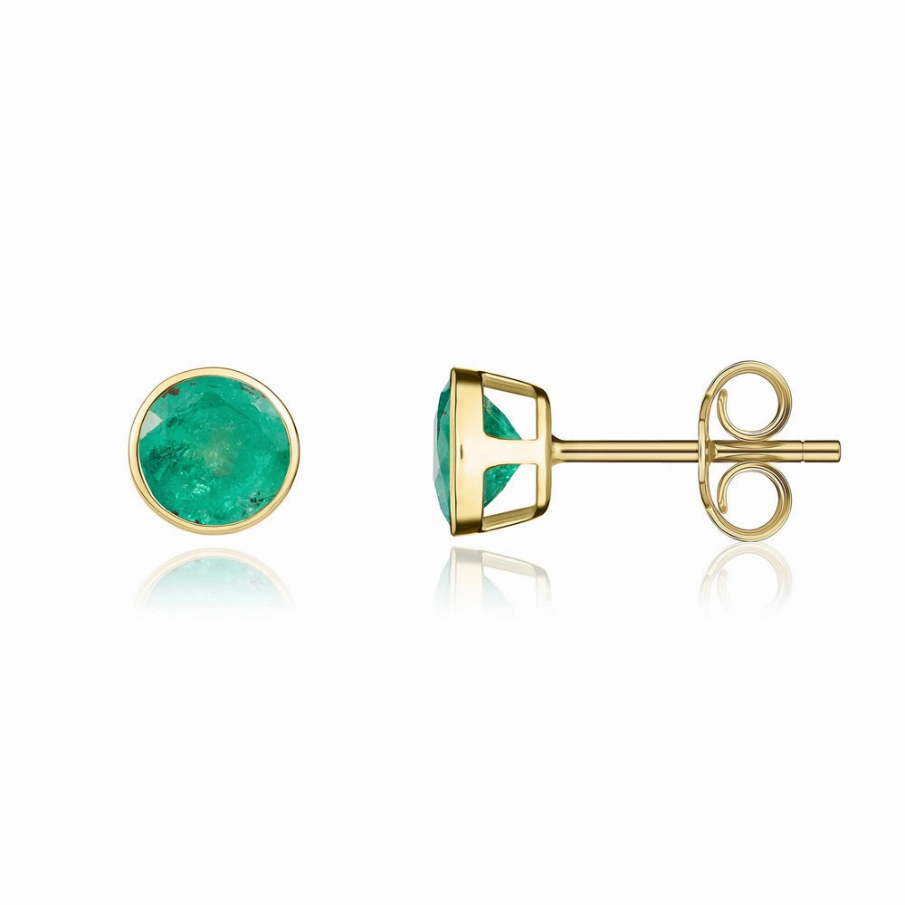 9ct Yellow Gold Emerald 5mm Round Rub Over Set Stud Earrings