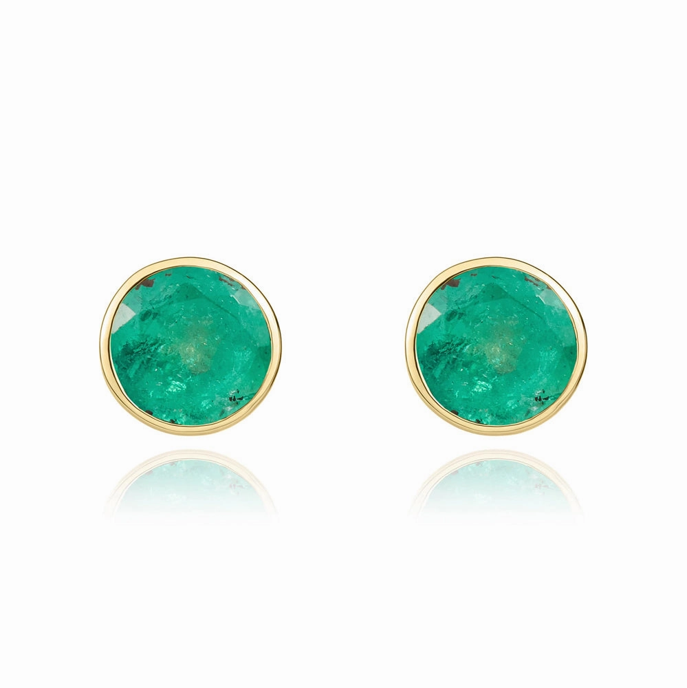 9ct Yellow Gold Emerald 5mm Round Rub Over Set Stud Earrings