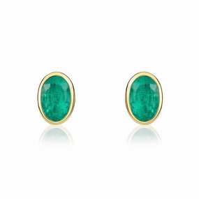9ct Yellow Gold Emerald 5x3mm Oval Rub Over Set Stud Earrings