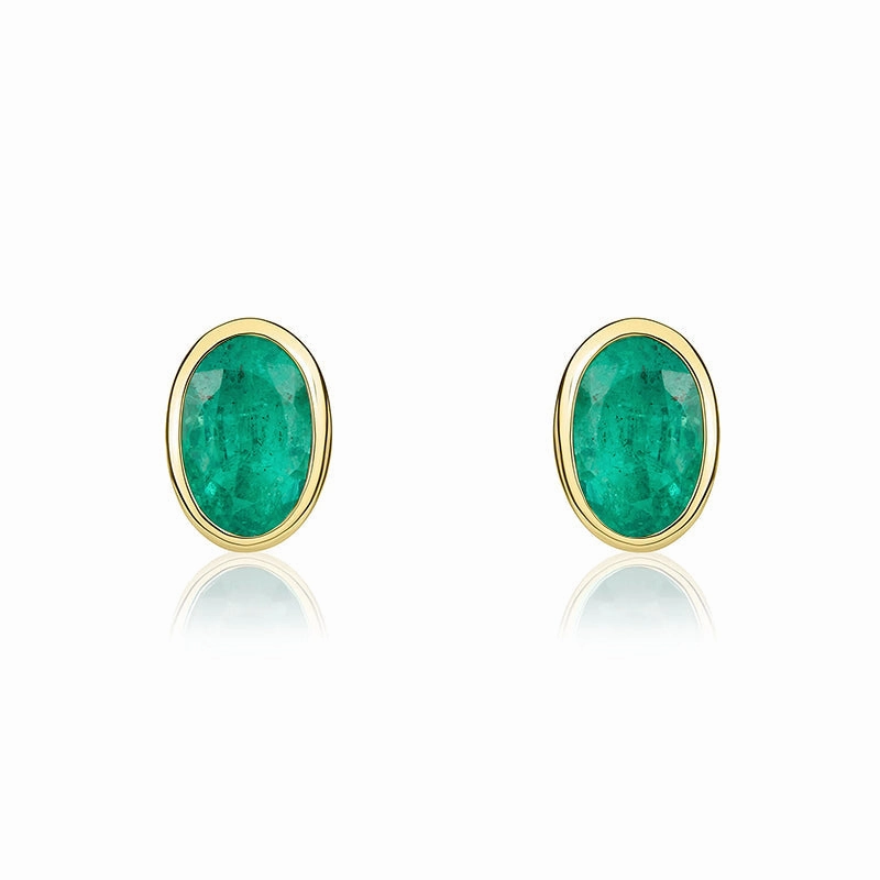 9ct Yellow Gold Emerald 5x3mm Oval Rub Over Set Stud Earrings