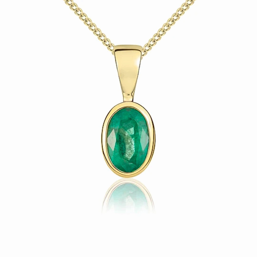 9ct Yellow Gold Emerald 6x4mm Oval Rub Over Set Pendant