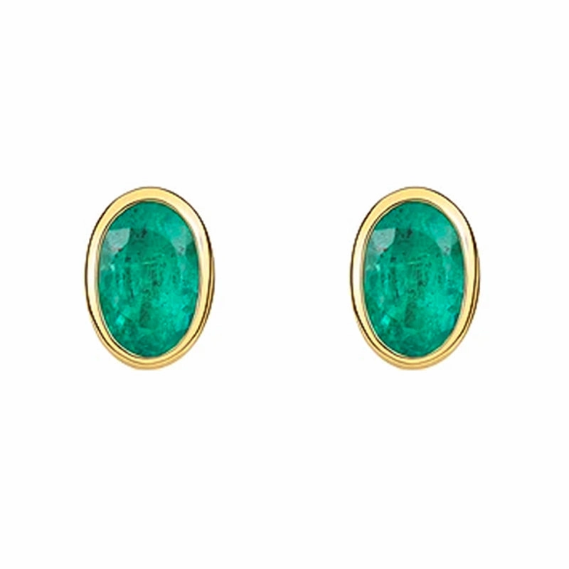 9ct Yellow Gold Emerald 6x4mm Oval Rub Over Set Stud Earrings