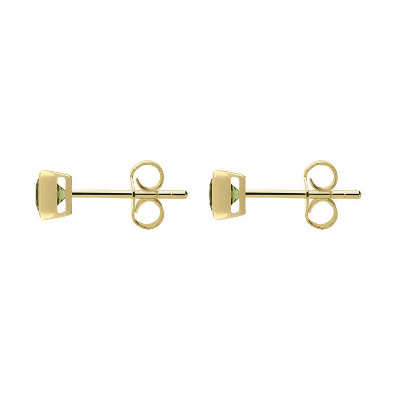 9ct Yellow Gold Peridot 4mm Princess Cut Rub Over Set Stud Earrings