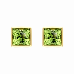 9ct Yellow Gold Peridot 4mm Princess Cut Rub Over Set Stud Earrings