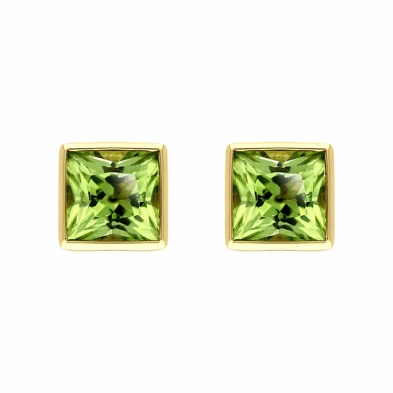 9ct Yellow Gold Peridot 4mm Princess Cut Rub Over Set Stud Earrings