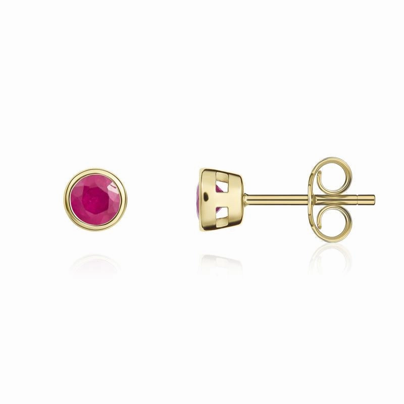 9ct Yellow Gold Ruby 3mm Round Rub Over Set Stud Earrings