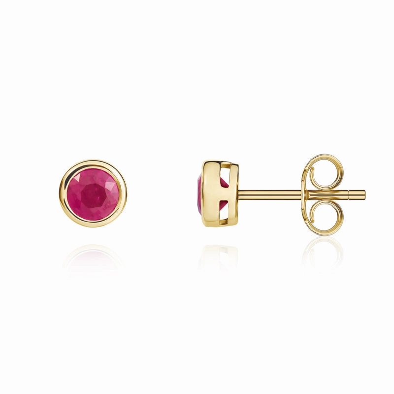 9ct Yellow Gold Ruby 4mm Round Rub Over Set Stud Earrings