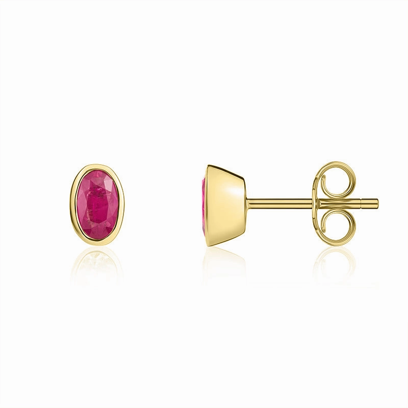 9ct Yellow Gold Ruby 5x3mm Oval Rub Over Set Stud Earrings