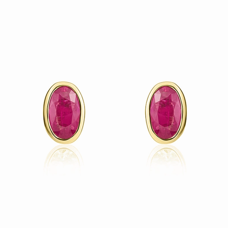 9ct Yellow Gold Ruby 5x3mm Oval Rub Over Set Stud Earrings