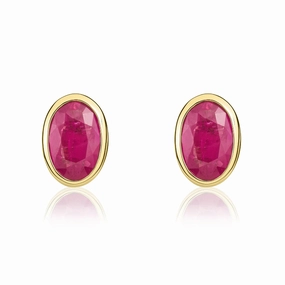 9ct Yellow Gold Ruby 6x4mm Oval Rub Over Set Stud Earrings