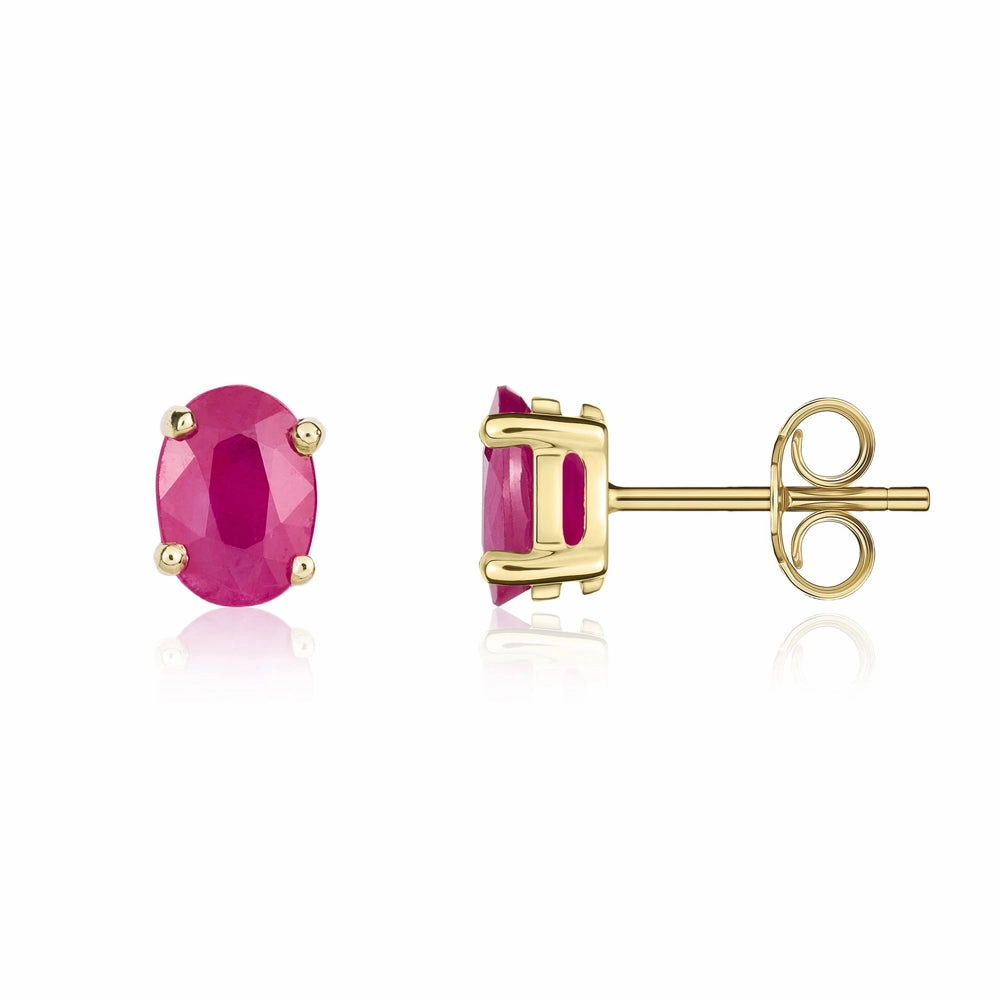 9ct Yellow Gold Ruby 7x5mm Oval Claw Set Stud Earrings