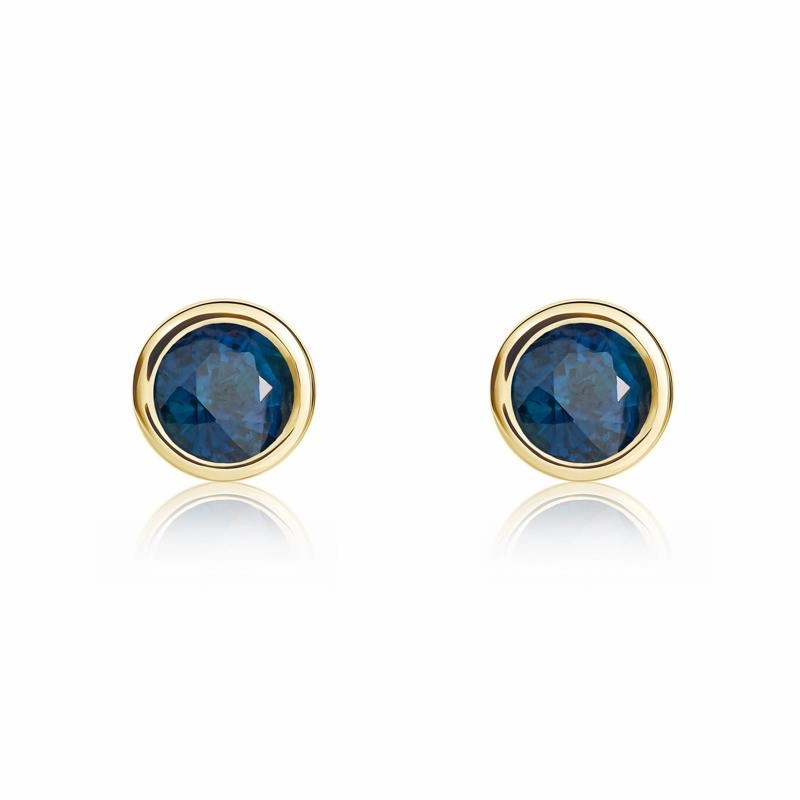 9ct Yellow Gold Sapphire 4mm Round Rub Over Set Stud Earrings